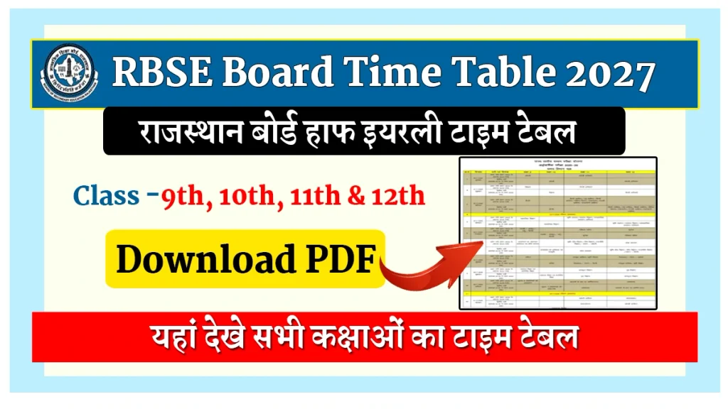 RBSE Board Half Yearly Exam Time Table 2027: राजस्थान 8वीं, 9वीं, 10वीं, 11वीं, 12वीं की अर्धवार्षिक परीक्षा 15 अक्टूबर से, टाइम टेबल का नया अपडेट 1 RBSE Board Half Yearly Exam Time Table 2027